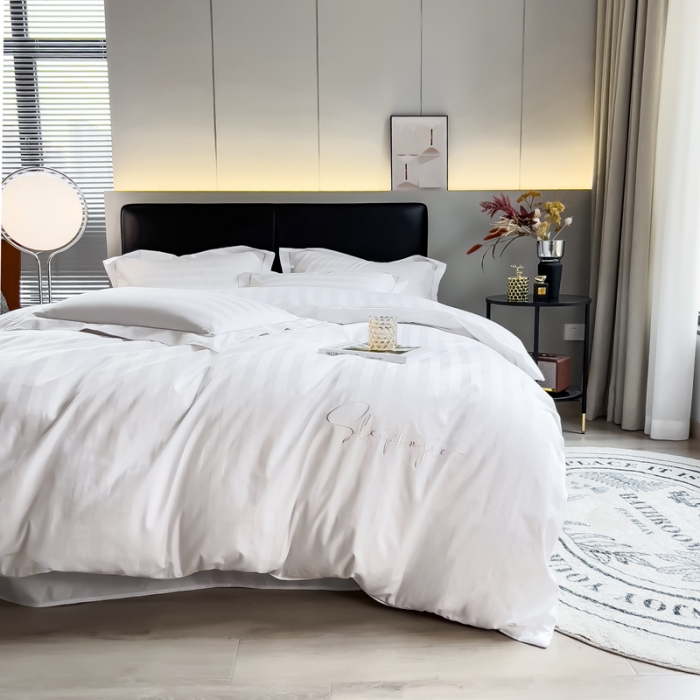 91家纺网 家纺一手货源 找家纺 慕尚 2025新款60支长绒棉提花条纹系列四件套 条纹白色