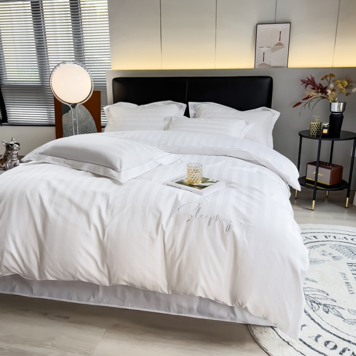 91家纺网 家纺一手货源 找家纺 慕尚 2025新款60支长绒棉提花条纹系列四件套 条纹白色