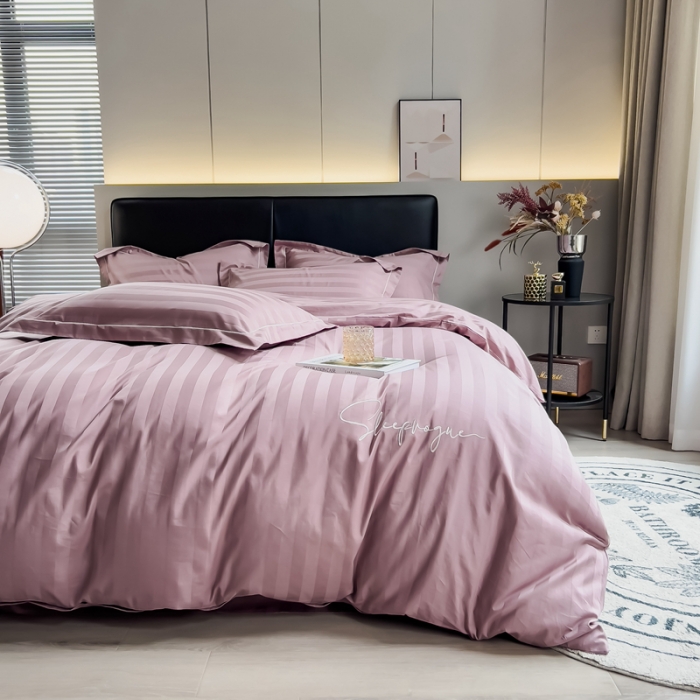 91家纺网 家纺一手货源 找家纺 慕尚 2025新款60支长绒棉提花条纹系列四件套 条纹豆沙