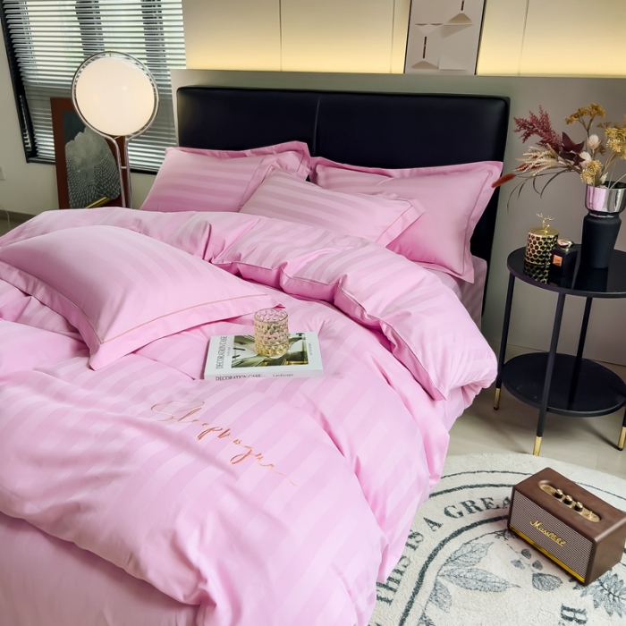 91家纺网 家纺一手货源 找家纺 慕尚 2025新款60支长绒棉提花条纹系列四件套 条纹粉色