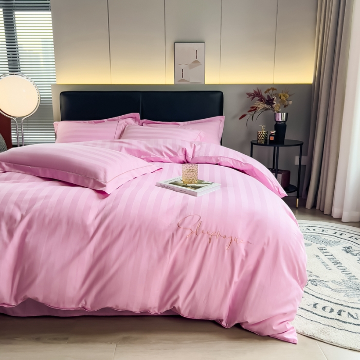 91家纺网 家纺一手货源 找家纺 慕尚 2025新款60支长绒棉提花条纹系列四件套 条纹粉色