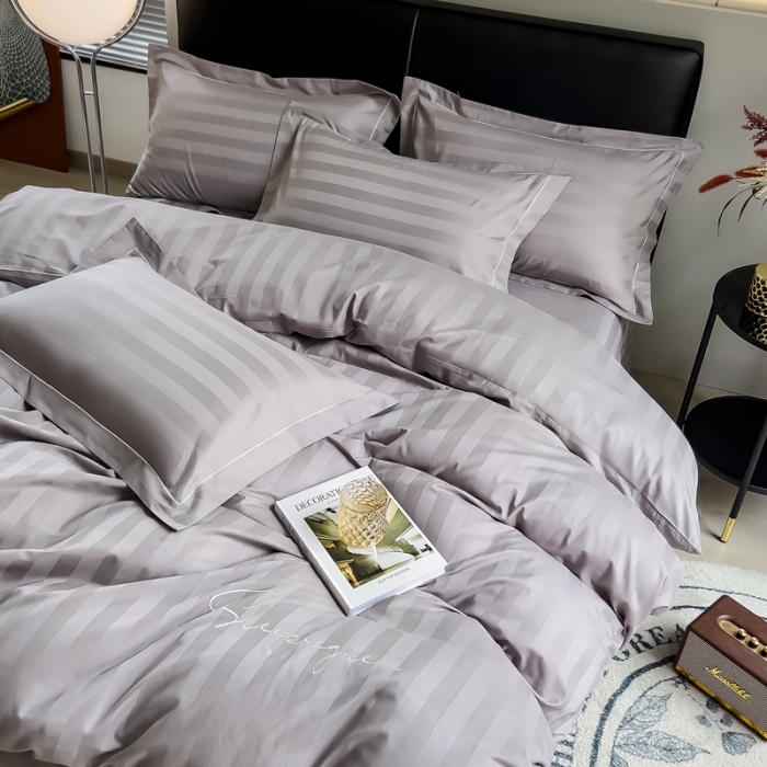 91家纺网 家纺一手货源 找家纺 慕尚 2025新款60支长绒棉提花条纹系列四件套 条纹灰色