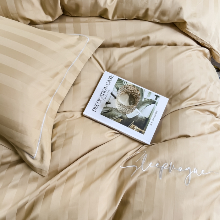 91家纺网 家纺一手货源 找家纺 慕尚 2025新款60支长绒棉提花条纹系列四件套 条纹卡其