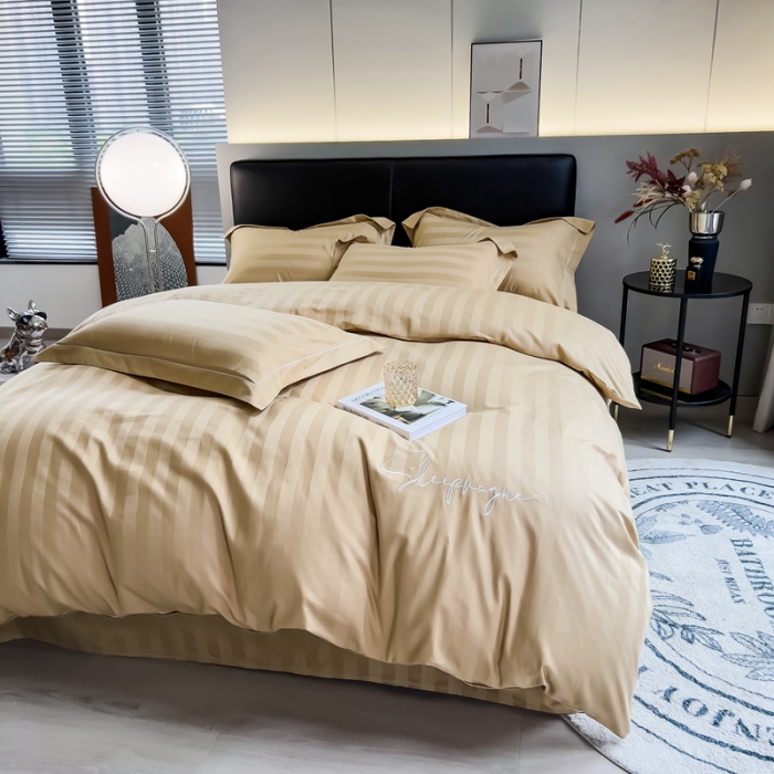 91家纺网 家纺一手货源 找家纺 慕尚 2025新款60支长绒棉提花条纹系列四件套 条纹卡其