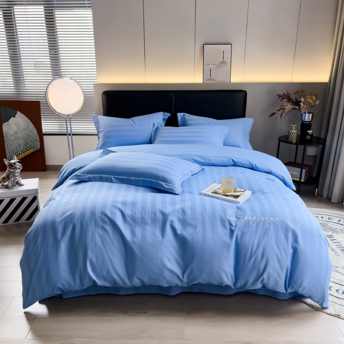 91家纺网 家纺一手货源 找家纺 慕尚 2025新款60支长绒棉提花条纹系列四件套 条纹天蓝