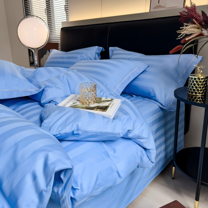 91家纺网 家纺一手货源 找家纺 慕尚 2025新款60支长绒棉提花条纹系列四件套 条纹天蓝