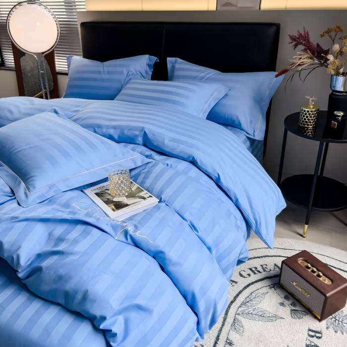 91家纺网 家纺一手货源 找家纺 慕尚 2025新款60支长绒棉提花条纹系列四件套 条纹天蓝