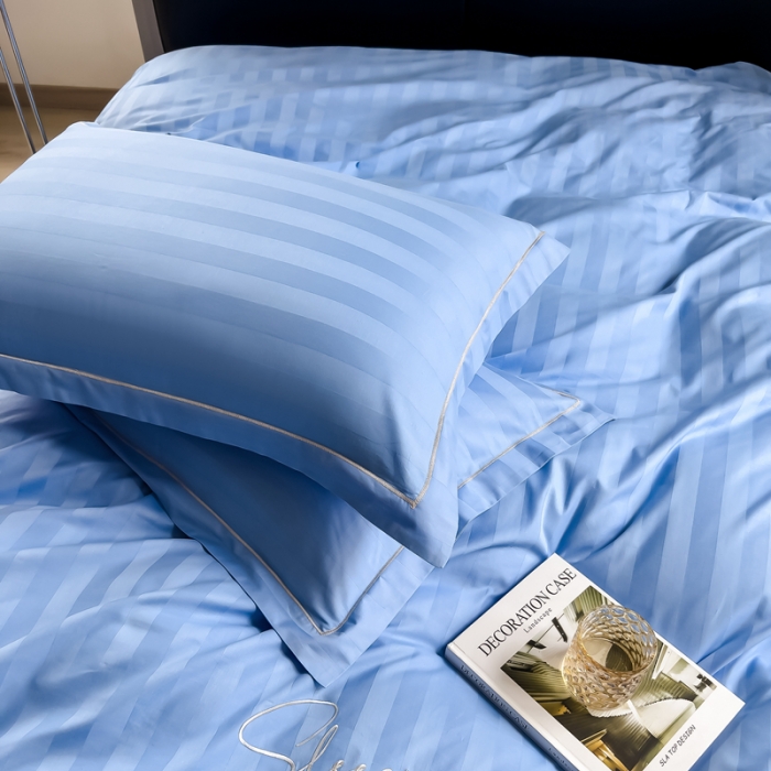 91家纺网 家纺一手货源 找家纺 慕尚 2025新款60支长绒棉提花条纹系列四件套 条纹天蓝