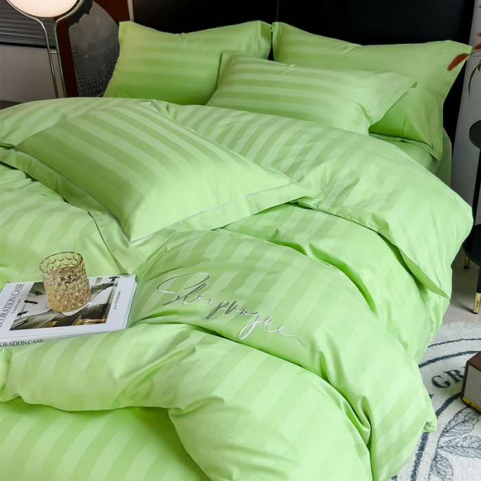 91家纺网 家纺一手货源 找家纺 慕尚 2025新款60支长绒棉提花条纹系列四件套 条纹浅绿