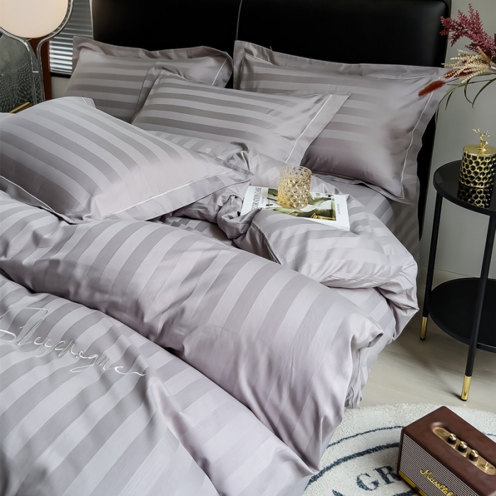 91家纺网 家纺一手货源 找家纺 慕尚 2025新款60支长绒棉提花条纹系列四件套 条纹灰色
