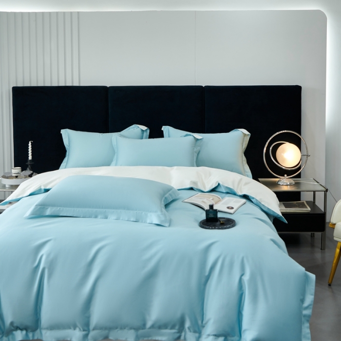 91家纺网 家纺一手货源 找家纺 榻尚家居 2023新款极简促销打孔长绒棉四件套 湖兰 -本白