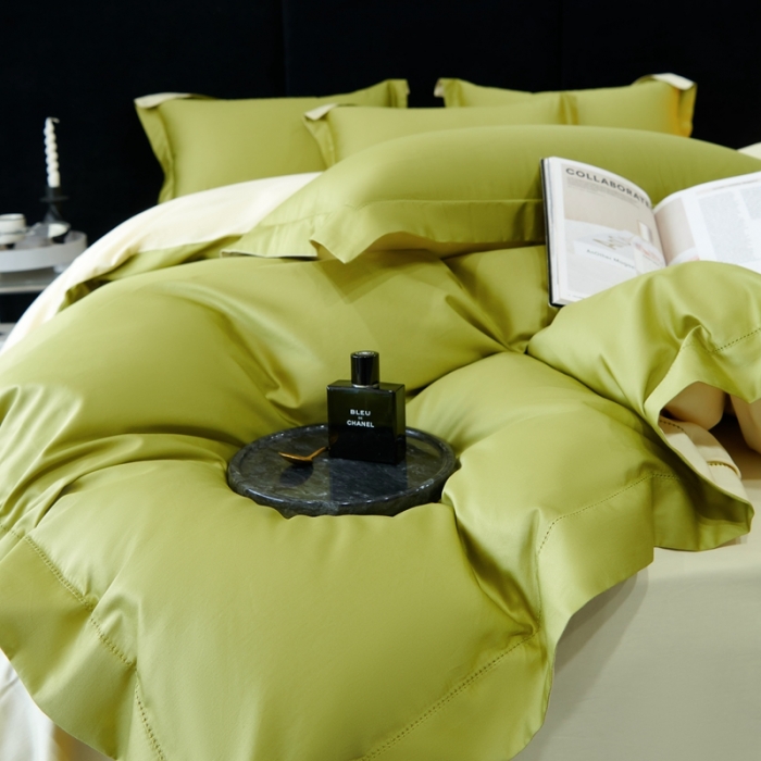 91家纺网 家纺一手货源 找家纺 榻尚家居 2023新款极简促销打孔长绒棉四件套 芥末 -米黄