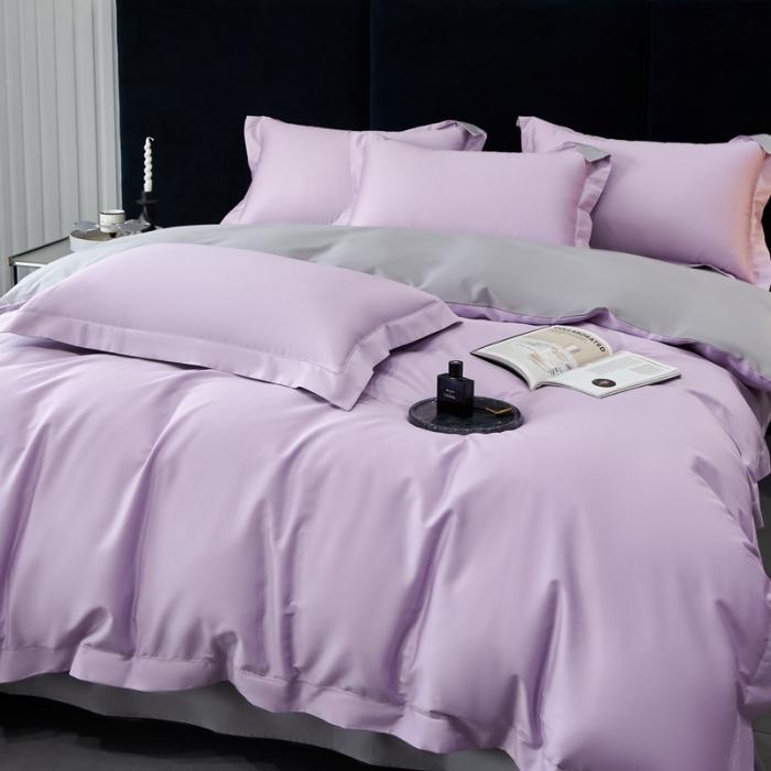 91家纺网 家纺一手货源 找家纺 榻尚家居 2023新款极简促销打孔长绒棉四件套 香紫-深灰