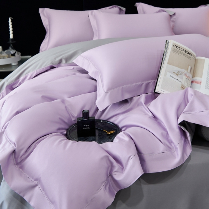 91家纺网 家纺一手货源 找家纺 榻尚家居 2023新款极简促销打孔长绒棉四件套 香紫-深灰