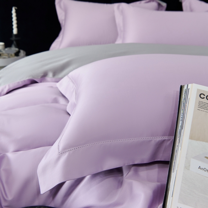 91家纺网 家纺一手货源 找家纺 榻尚家居 2023新款极简促销打孔长绒棉四件套 香紫-深灰