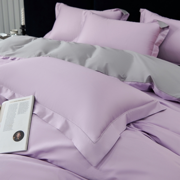 91家纺网 家纺一手货源 找家纺 榻尚家居 2023新款极简促销打孔长绒棉四件套 香紫-深灰