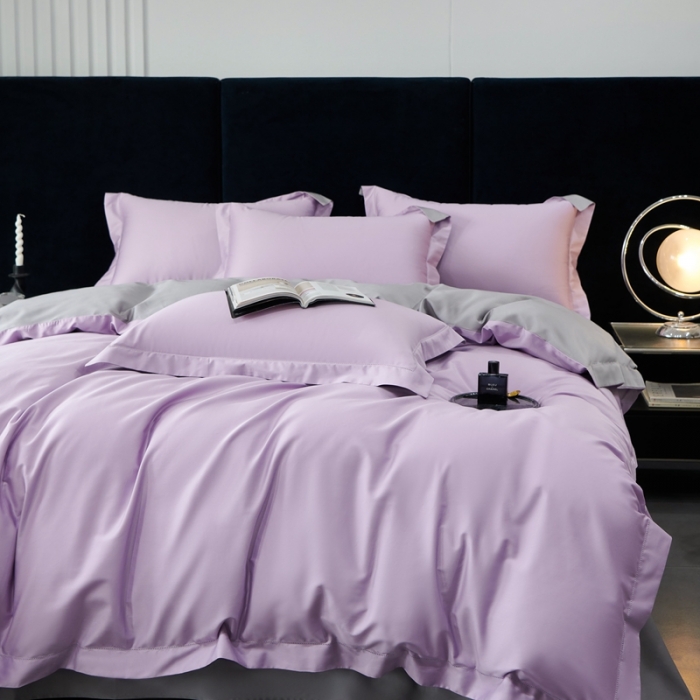 91家纺网 家纺一手货源 找家纺 榻尚家居 2023新款极简促销打孔长绒棉四件套 香紫-深灰