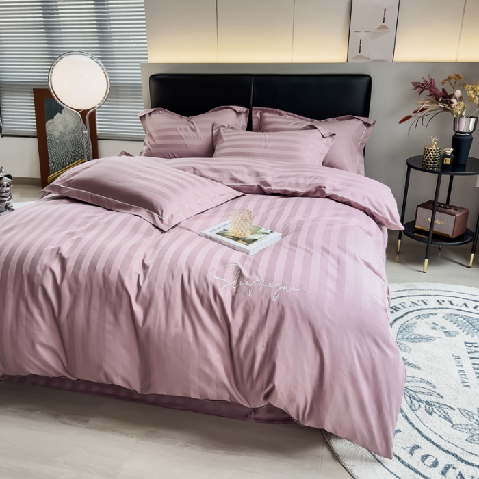 91家纺网 家纺一手货源 找家纺 慕尚 2025新款60支长绒棉提花条纹系列单品被套 条纹豆沙