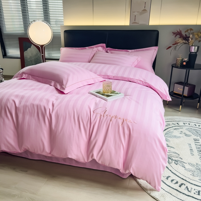 91家纺网 家纺一手货源 找家纺 慕尚 2025新款60支长绒棉提花条纹系列单品被套 条纹粉色