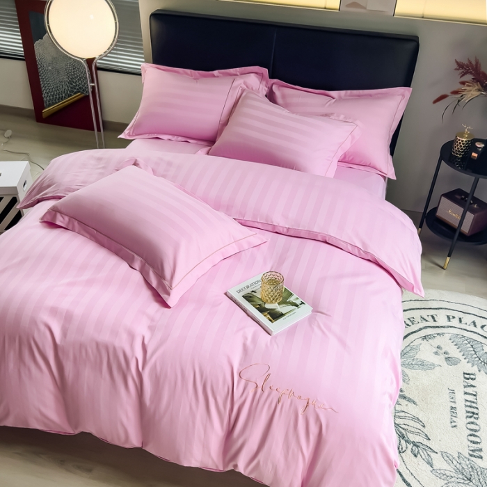 91家纺网 家纺一手货源 找家纺 慕尚 2025新款60支长绒棉提花条纹系列单品被套 条纹粉色