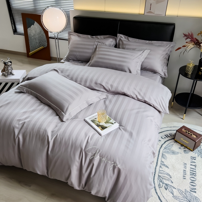 91家纺网 家纺一手货源 找家纺 慕尚 2025新款60支长绒棉提花条纹系列单品被套 条纹灰色