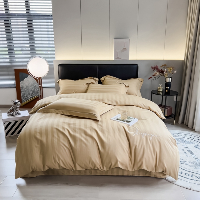 91家纺网 家纺一手货源 找家纺 慕尚 2025新款60支长绒棉提花条纹系列单品被套 条纹卡其