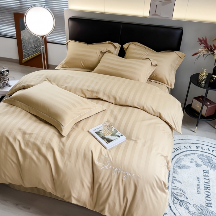 91家纺网 家纺一手货源 找家纺 慕尚 2025新款60支长绒棉提花条纹系列单品被套 条纹卡其