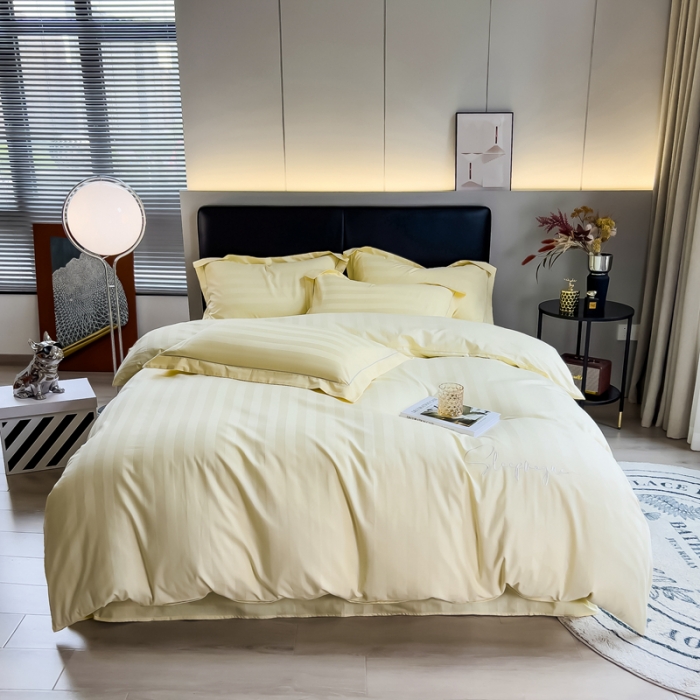 91家纺网 家纺一手货源 找家纺 慕尚 2025新款60支长绒棉提花条纹系列单品被套 条纹米黄