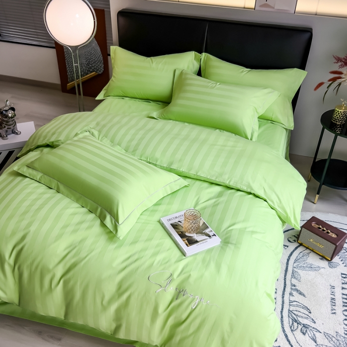91家纺网 家纺一手货源 找家纺 慕尚 2025新款60支长绒棉提花条纹系列单品被套 条纹浅绿