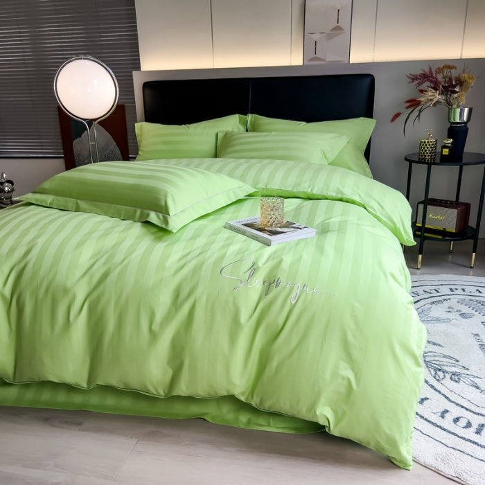 91家纺网 家纺一手货源 找家纺 慕尚 2025新款60支长绒棉提花条纹系列单品被套 条纹浅绿