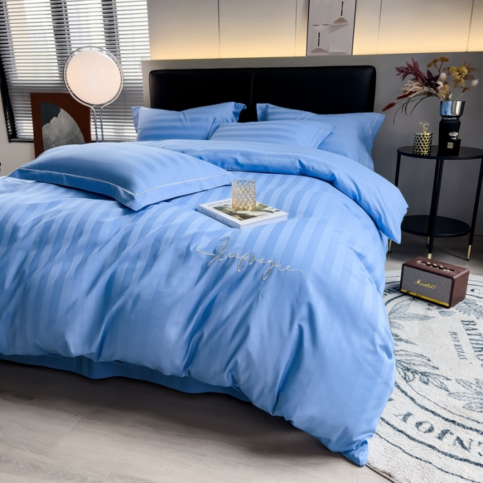 91家纺网 家纺一手货源 找家纺 慕尚 2025新款60支长绒棉提花条纹系列单品被套 条纹天兰