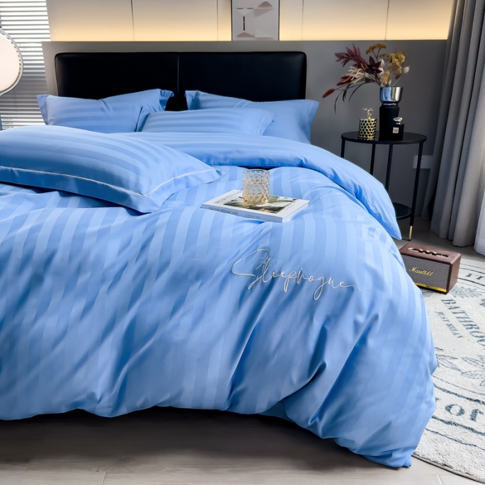 91家纺网 家纺一手货源 找家纺 慕尚 2025新款60支长绒棉提花条纹系列单品被套 条纹天兰