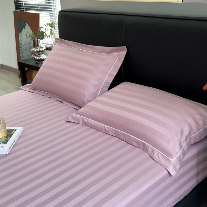 91家纺网 家纺一手货源 找家纺 慕尚 2025新款60支长绒棉提花条纹系列单品床单 条纹豆沙