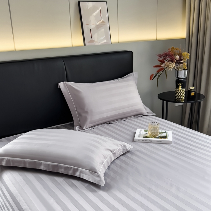 91家纺网 家纺一手货源 找家纺 慕尚 2025新款60支长绒棉提花条纹系列单品床单 条纹灰色