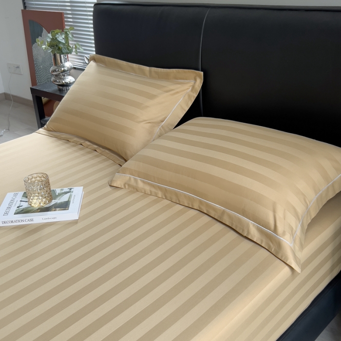 91家纺网 家纺一手货源 找家纺 慕尚 2025新款60支长绒棉提花条纹系列单品床单 条纹卡其