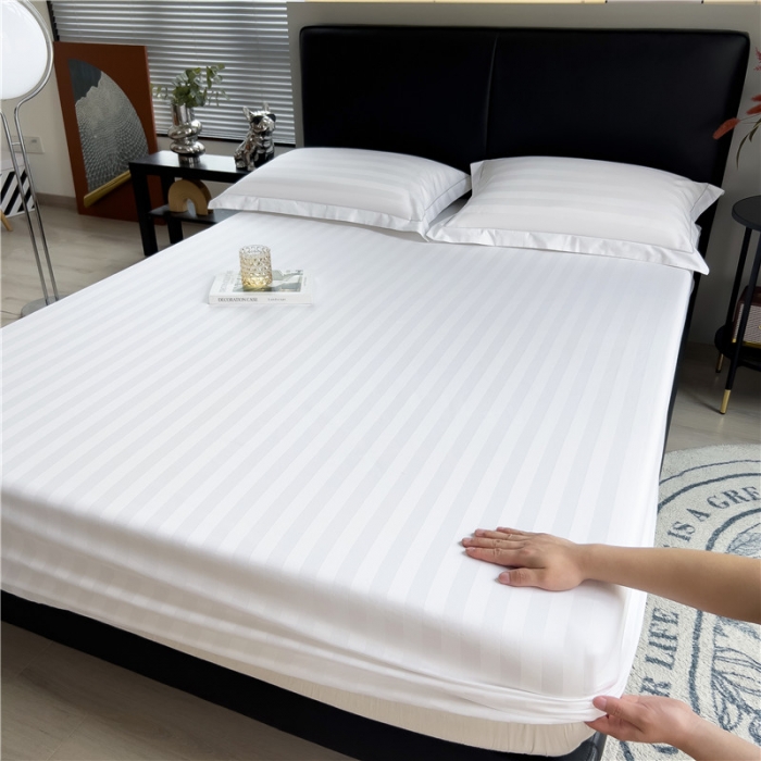 91家纺网 家纺一手货源 找家纺 慕尚 2025新款60支长绒棉提花条纹系列单品床笠 条纹白色