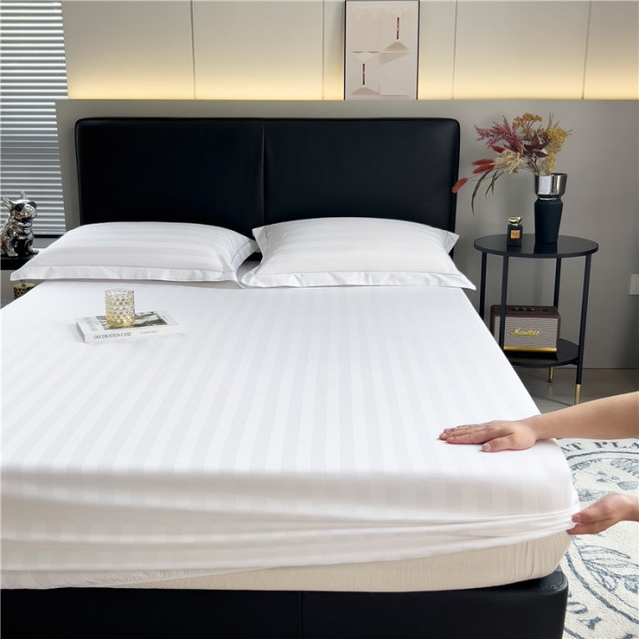 91家纺网 家纺一手货源 找家纺 慕尚 2025新款60支长绒棉提花条纹系列单品床笠 条纹白色