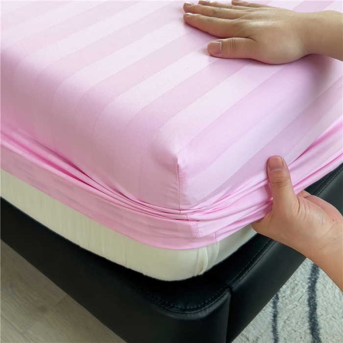 91家纺网 家纺一手货源 找家纺 慕尚 2025新款60支长绒棉提花条纹系列单品床笠 条纹粉色