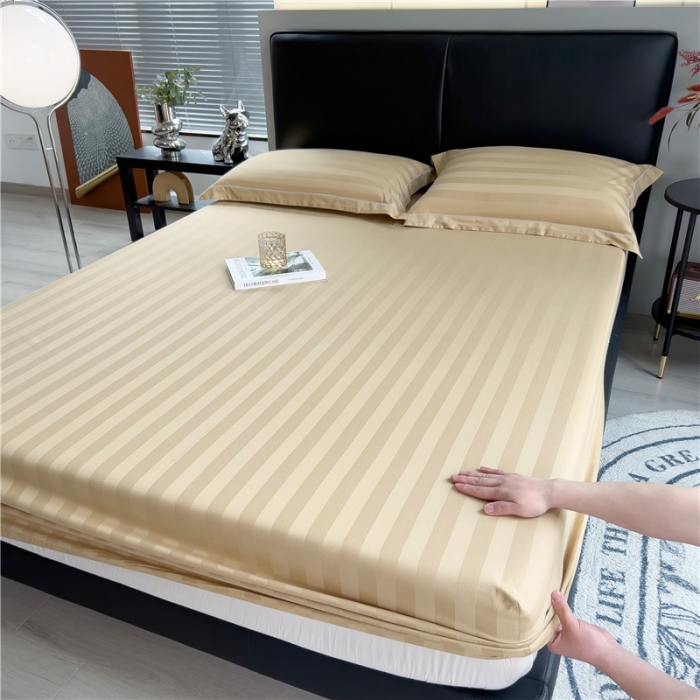 91家纺网 家纺一手货源 找家纺 慕尚 2025新款60支长绒棉提花条纹系列单品床笠 条纹卡其