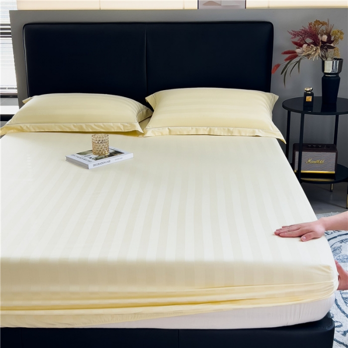 91家纺网 家纺一手货源 找家纺 慕尚 2025新款60支长绒棉提花条纹系列单品床笠 条纹米黄