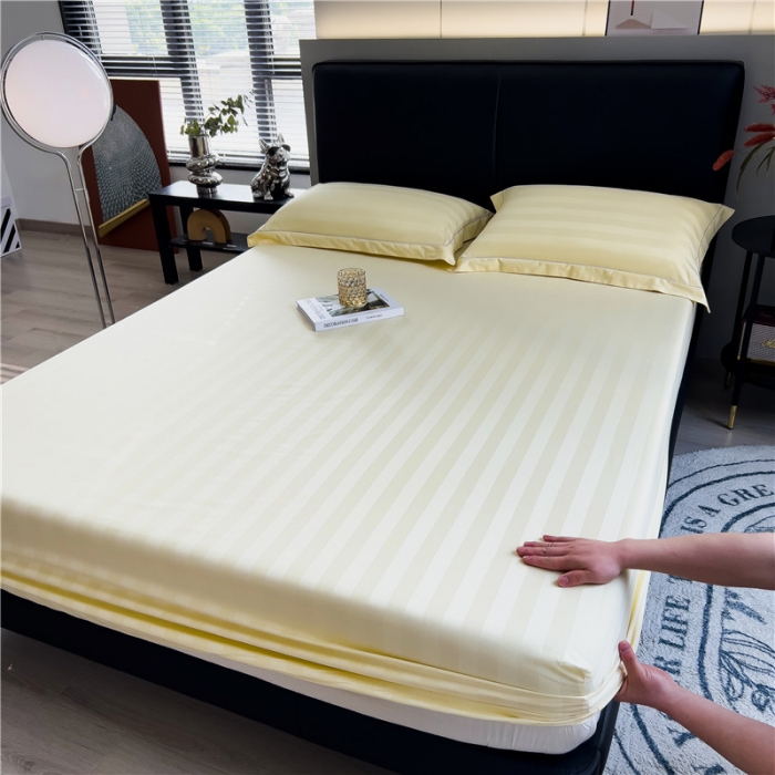 91家纺网 家纺一手货源 找家纺 慕尚 2025新款60支长绒棉提花条纹系列单品床笠 条纹米黄