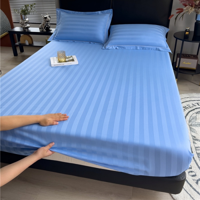 91家纺网 家纺一手货源 找家纺 慕尚 2025新款60支长绒棉提花条纹系列单品床笠 条纹天蓝