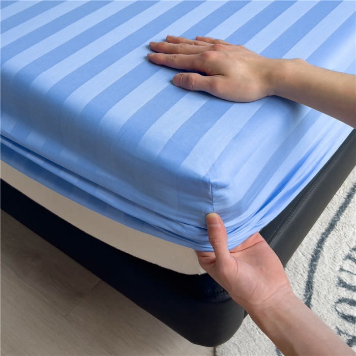 91家纺网 家纺一手货源 找家纺 慕尚 2025新款60支长绒棉提花条纹系列单品床笠 条纹天蓝
