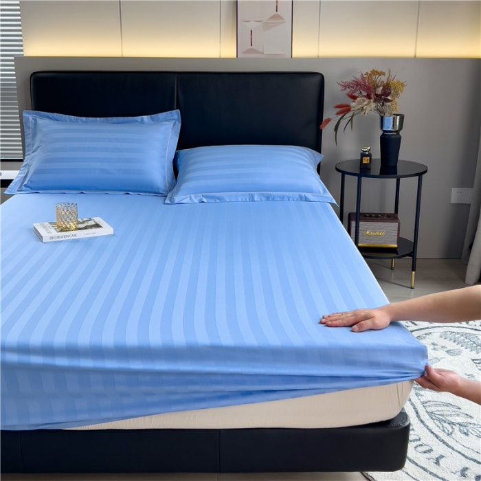 91家纺网 家纺一手货源 找家纺 慕尚 2025新款60支长绒棉提花条纹系列单品床笠 条纹天蓝