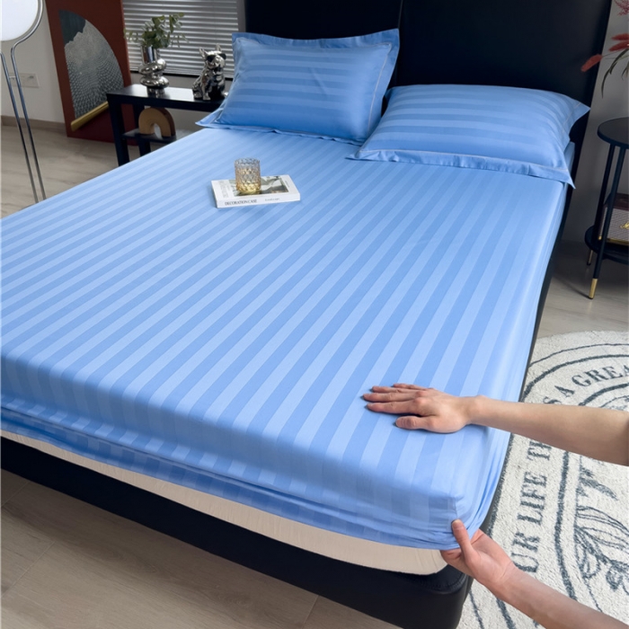 91家纺网 家纺一手货源 找家纺 慕尚 2025新款60支长绒棉提花条纹系列单品床笠 条纹天蓝