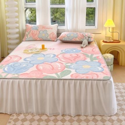 91家纺网 家纺一手货源 找家纺 慕尚 2025新款花边凉感丝乳胶凉席床席床裙款 夏日花语