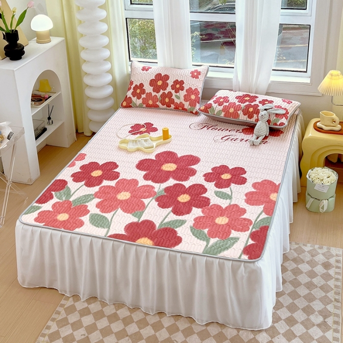 91家纺网 家纺一手货源 找家纺 慕尚 2025新款花边凉感丝乳胶凉席床席床裙款 花漾绽放