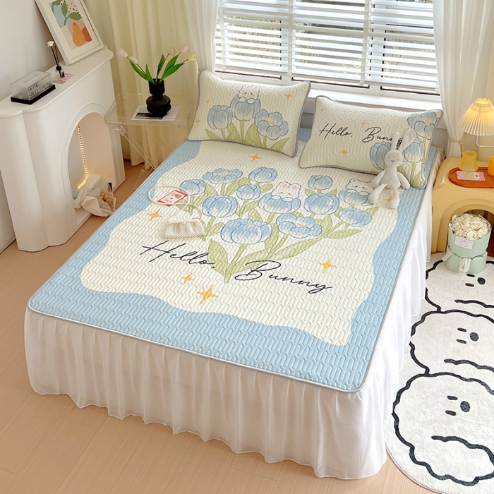 91家纺网 家纺一手货源 找家纺 慕尚 2025新款花边凉感丝乳胶凉席床席床裙款 蓝斯兔