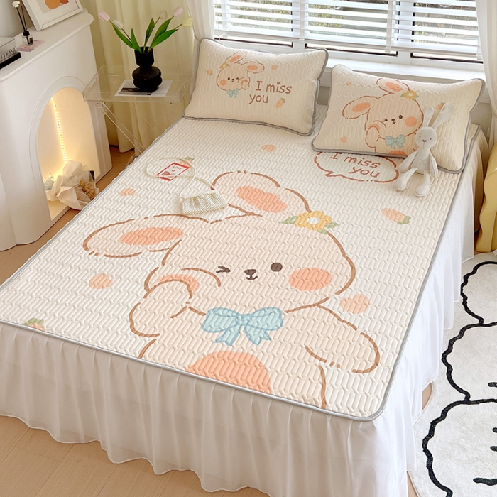 91家纺网 家纺一手货源 找家纺 慕尚 2025新款花边凉感丝乳胶凉席床席床裙款 萌兔