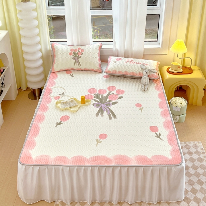 91家纺网 家纺一手货源 找家纺 慕尚 2025新款花边凉感丝乳胶凉席床席床裙款 莫奈